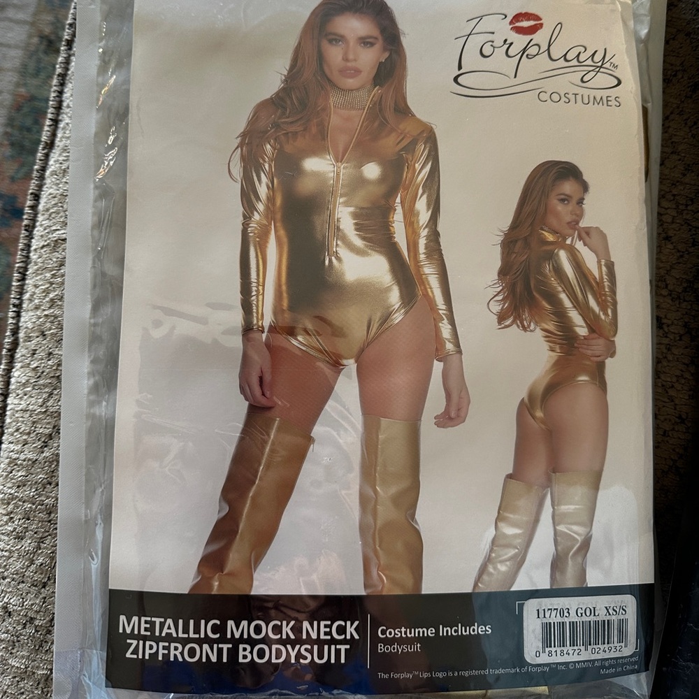 Metallic Long Sleeve Body Suit Zip Front Mock Neck Collar Shiny Costume Size S